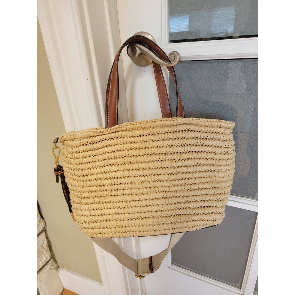 Zara Woven Straw Tote Bag Drawstring Lining Shoulder Strap Natural Brown